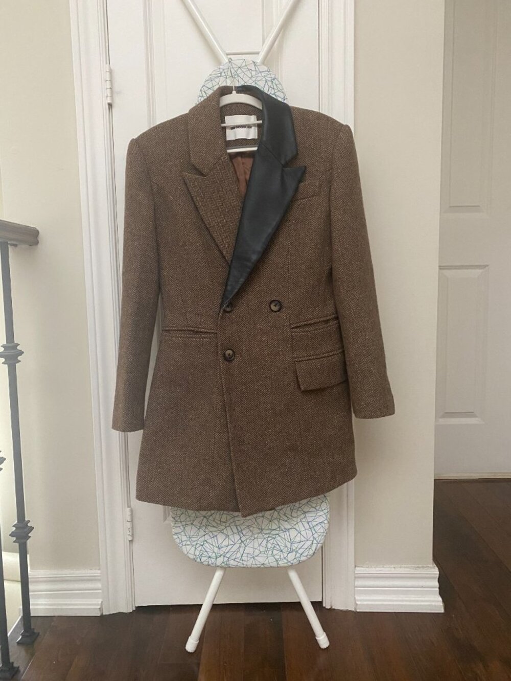 Classic Brown Tweed Leather Lapel Double-Breasted Blazer Jacket Coat